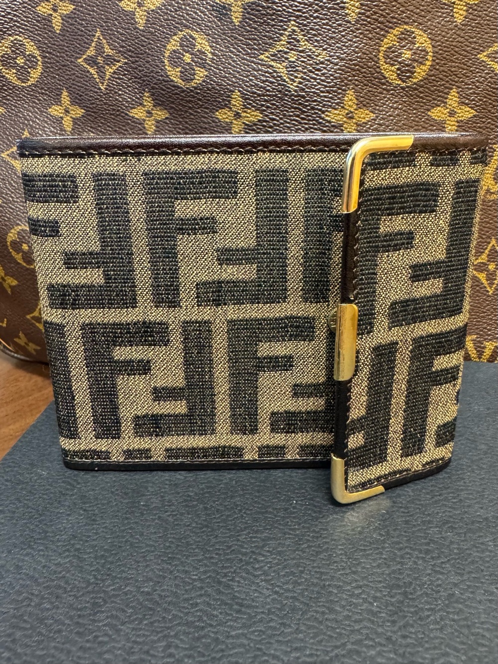 Fendi Brown and Black FF Canvas Bifold Wallet with Gold Accents